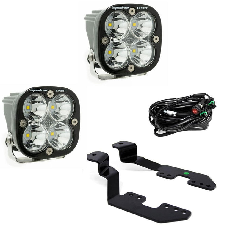 Baja Designs Squadron Sport A-Pillar Light Kit, complete kit on a studio background: two Squadron Sport LED pods