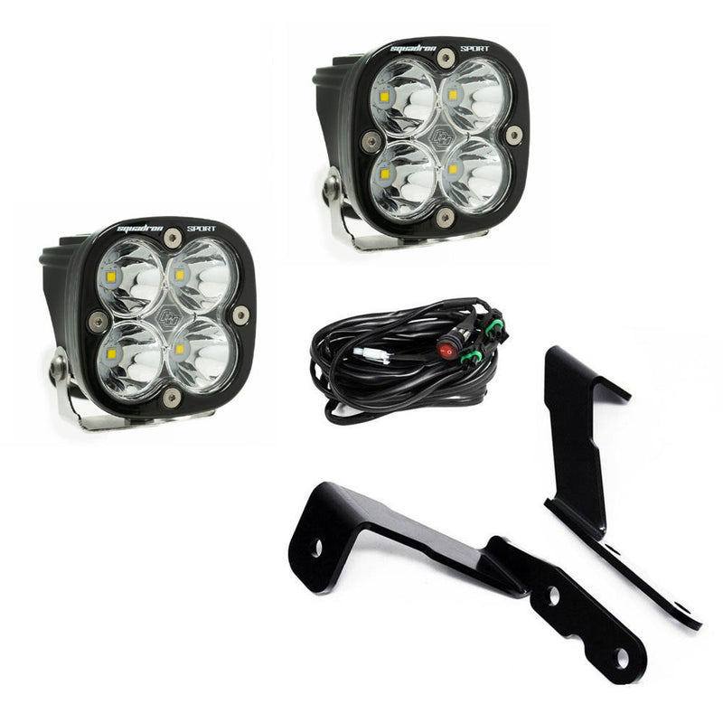 Baja Designs Squadron Sport A-Pillar Light Kit, complete kit on a studio background: two Squadron Sport LED pods