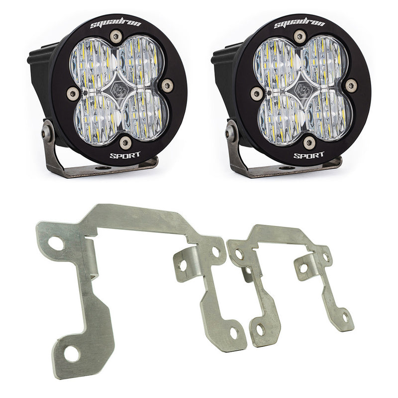 Baja Designs Squadron Sport Fog Pocket Light Kit, complete kit on a studio background: pair of round black Squadron Sport pods