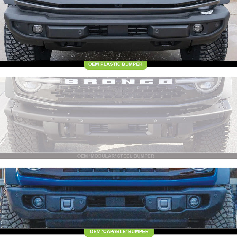 Baja Designs Squadron Sport Fog Pocket Light Kit: three stacked photos of Ford Bronco front bumpers with green labels for the OEM plastic, modular steel and capable bumpers, the steel one greyed out