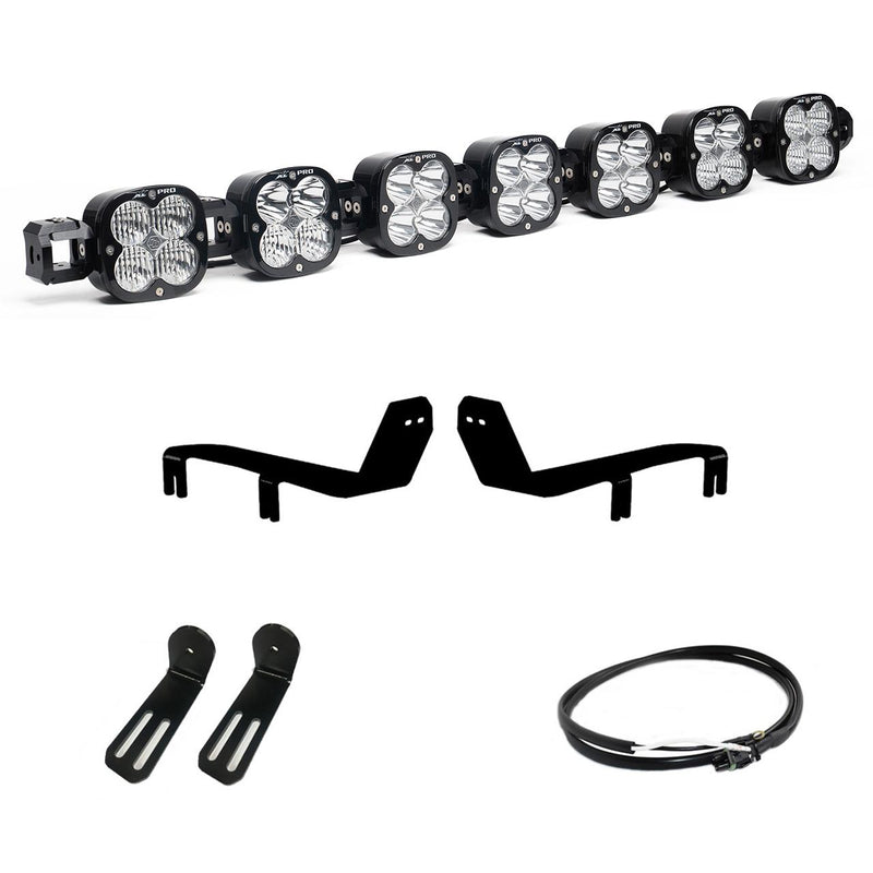 Baja Designs XL Linkable Bumper Light Kit, complete kit on a studio background: A seven-pod XL Linkable light bar kit on white