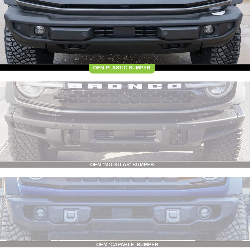 Baja Designs XL Linkable Bumper Light Kit: three stacked photos of Bronco front bumpers labeled OEM plastic, modular and capable, with the plastic bumper highlighted