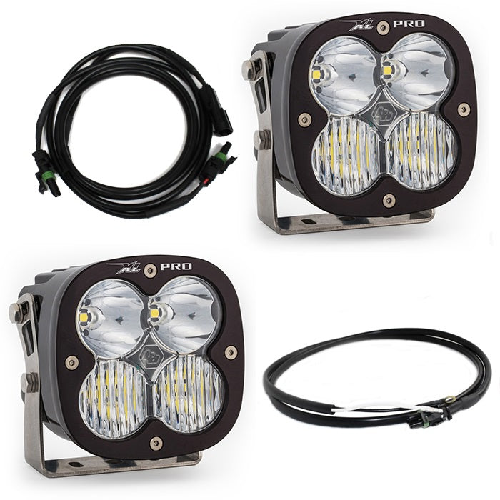 Baja Designs XL Pro Bumper Light Kit, complete kit on a studio background: two black XL Pro pods with clear lenses and wiring on white