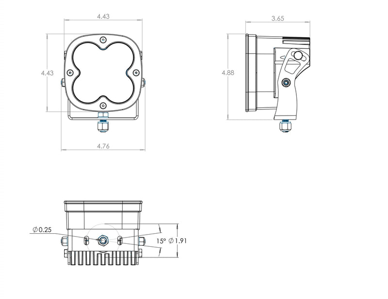 Baja Designs XL Pro LED Auxiliary Light Pod: A line drawing of an XL light pod in front, side and bottom views with dimension figures