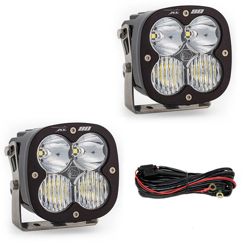 Baja Designs XL80 Bumper Light Kit, complete kit on a studio background: two black XL80 pods with clear lenses and wiring on white