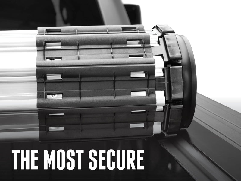 Close-up of the rolled Revolver X2 aluminum slats with the headline "The most secure"