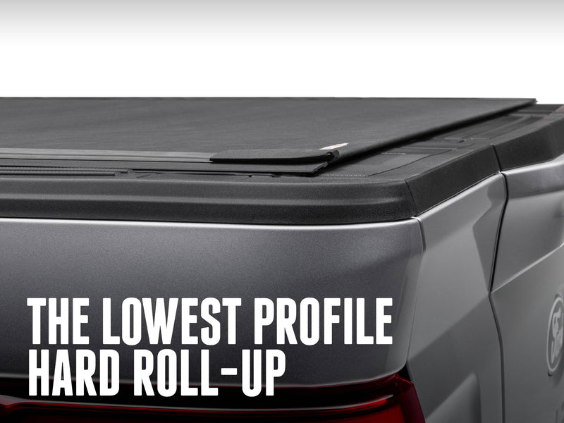 Closed cover at the tailgate corner with the headline "The lowest profile hard roll-up"