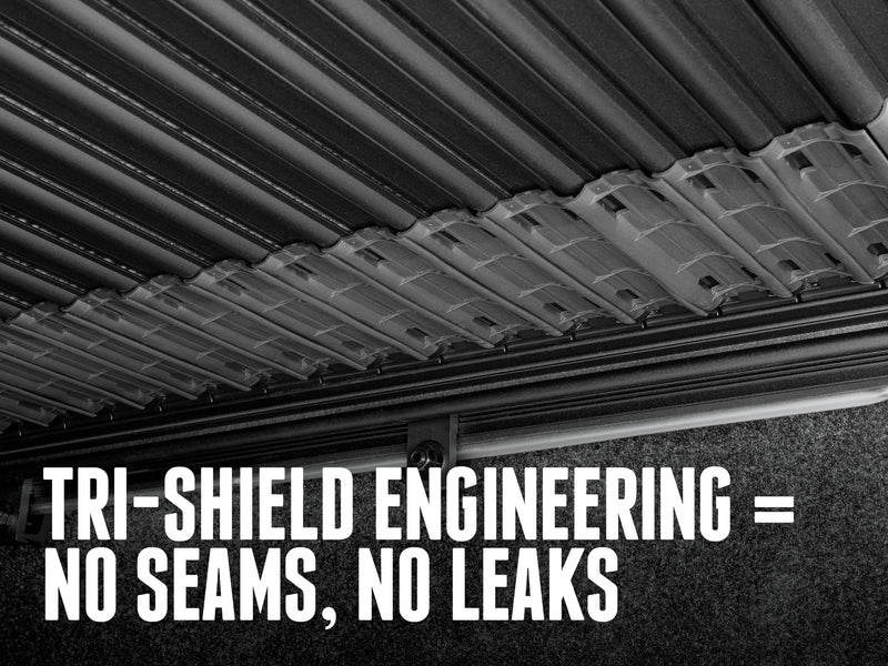 Underside of the slats with the headline "Tri-Shield engineering = no seams, no leaks"