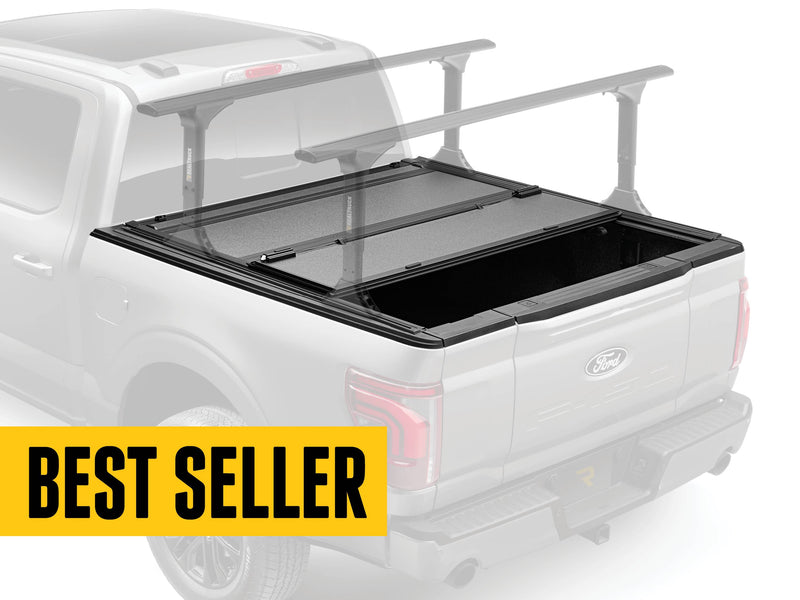BAKFlip MX4 TS cover with a T-slot rack on a faded pickup with a Best Seller badge (rack sold separately)