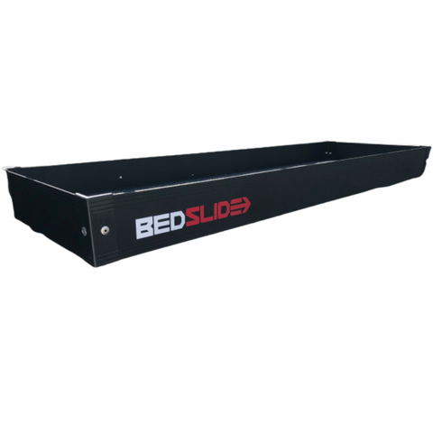 Black Edition BEDSLIDE upper BEDBIN tray, 16" x 48", studio view on white showing the matte black tray and the white and red BEDSLIDE decal