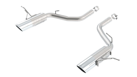 Borla ATAK Axle-Back Exhaust System, full system on a studio background: two stainless axle-back pipe sections with integrated mufflers and polished tips laid out on white