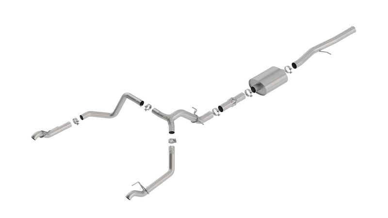 Borla ATAK Cat-Back Exhaust System, full system on a studio background: A stainless dual rear exit cat-back exhaust with one muffler and two polished tips laid out on a white background