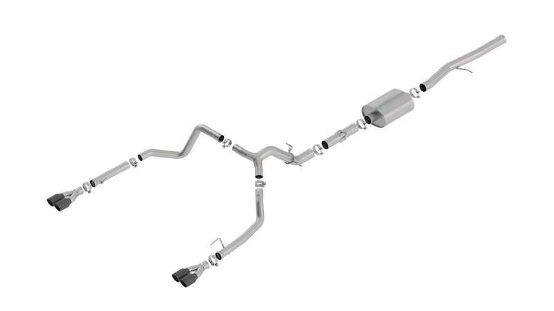 Borla ATAK Cat-Back Exhaust System, full system on a studio background: A stainless dual rear exit cat-back exhaust with one muffler and black chrome tips laid out on a white background