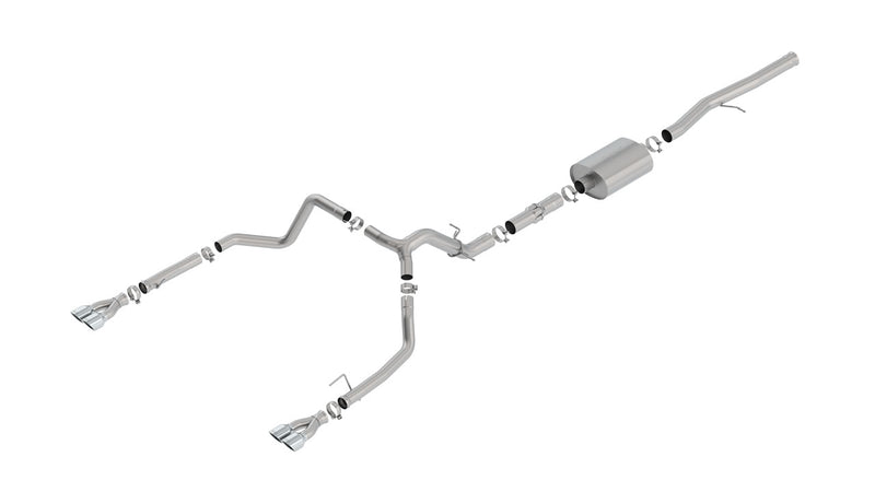 Borla ATAK Cat-Back Exhaust System, full system on a studio background: A stainless dual rear exit cat-back exhaust with one muffler and polished tips laid out on a white background