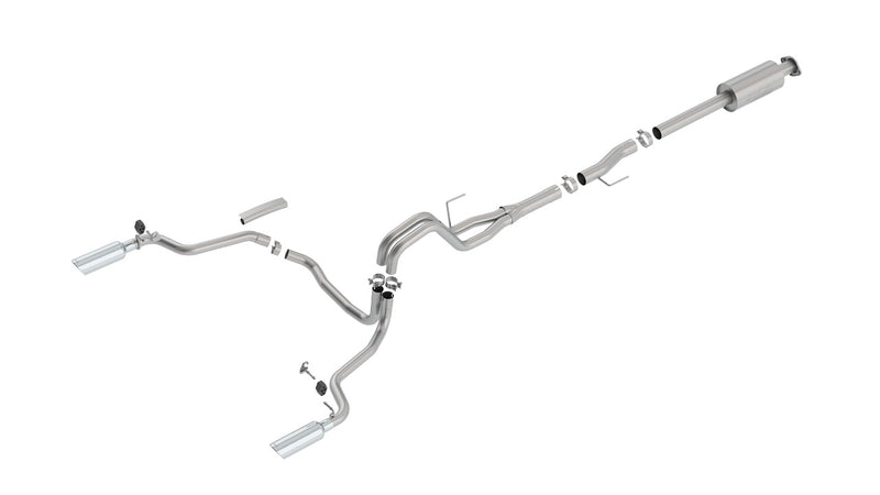 Borla ATAK Cat-Back Exhaust System, full system on a studio background: A stainless dual split rear exit cat-back exhaust with one muffler and two polished tips laid out on a white background