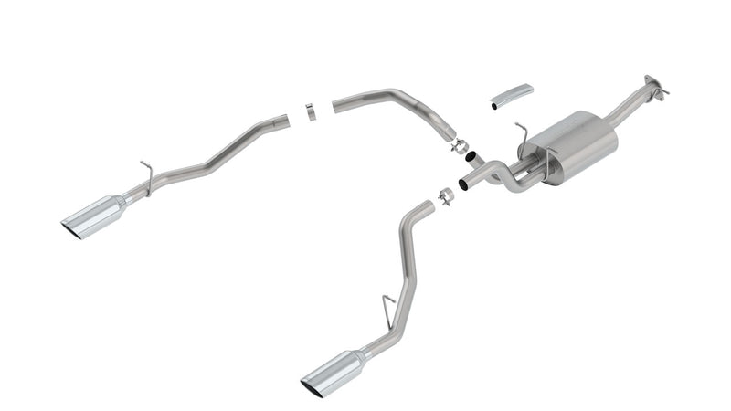 Borla ATAK Cat-Back Exhaust System, full system on a studio background: A stainless dual split rear exit cat-back exhaust with one muffler and two polished tips laid out on a white background