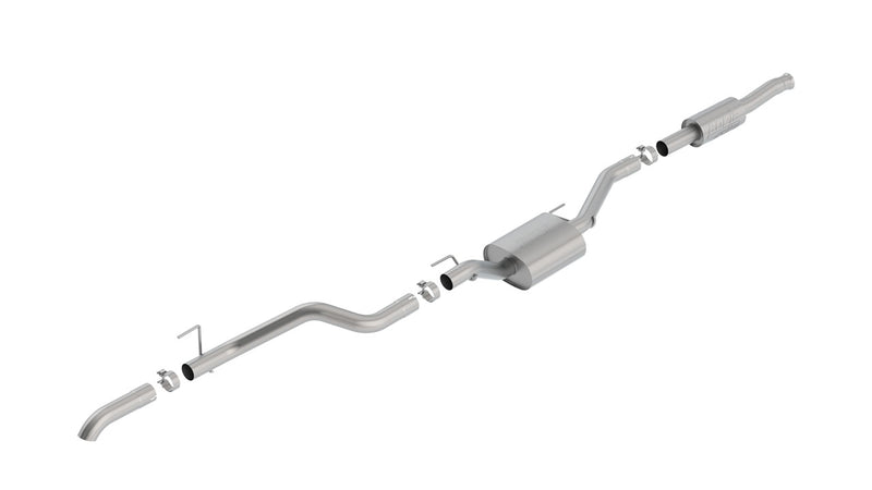 Borla ATAK Cat-Back Exhaust System, full system on a studio background: A stainless single-exit cat-back exhaust with one muffler and a turned-down tail pipe laid out on a white background