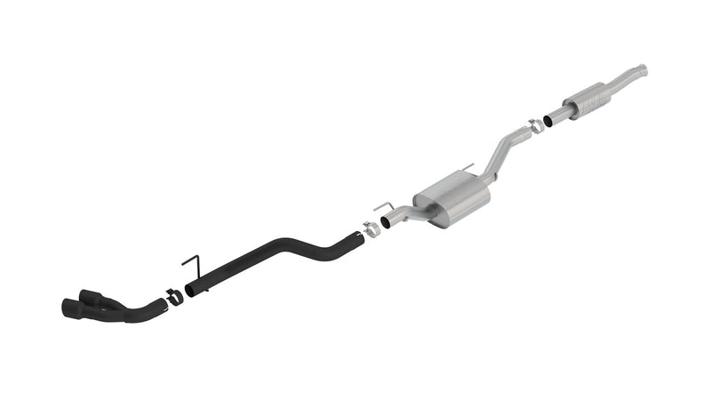 Borla ATAK Cat-Back Exhaust System, full system on a studio background: Borla cat-back exhaust system with a black tailpipe and dual black tips laid out on white