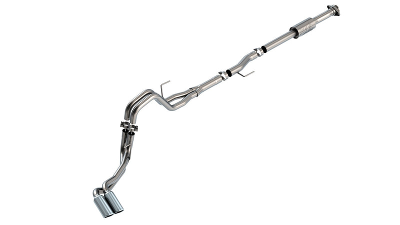 Borla ATAK Cat-Back Exhaust System, full system on a studio background: Borla cat-back exhaust system with a muffler and dual polished tips on one side laid out on white