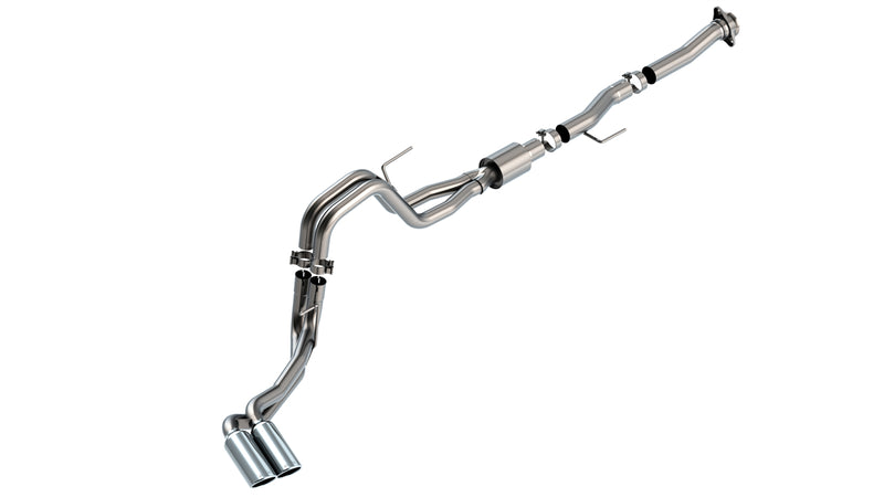 Borla ATAK Cat-Back Exhaust System, full system on a studio background: Borla cat-back exhaust system with dual polished tips on one side laid out on white