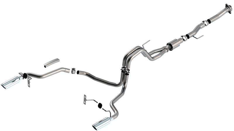 Borla ATAK Cat-Back Exhaust System, full system on a studio background: Borla dual-exit cat-back exhaust system with two polished tips laid out on white