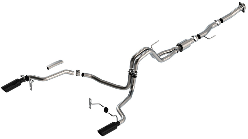 Borla ATAK Cat-Back Exhaust System, full system on a studio background: Borla dual-exit cat-back exhaust system with two black tips laid out on white
