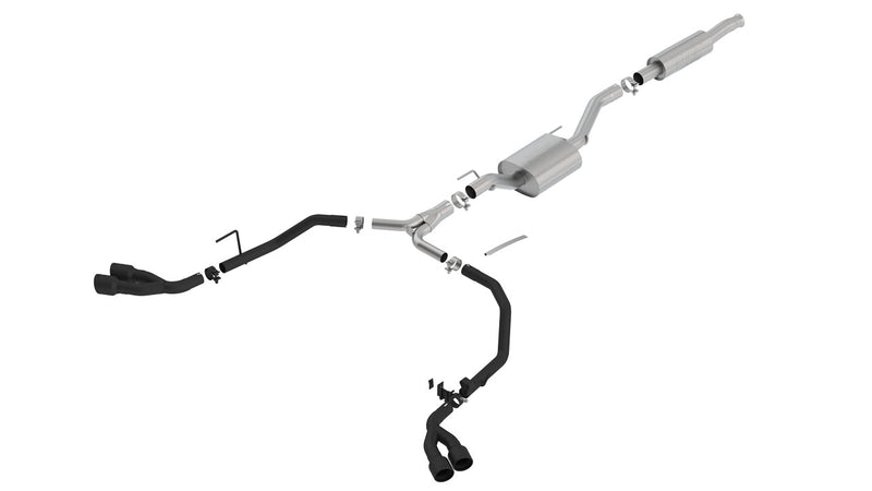 Borla ATAK Cat-Back Exhaust System, full system on a studio background: Borla dual-side exit cat-back exhaust system with black pipes and two pairs of black tips on white