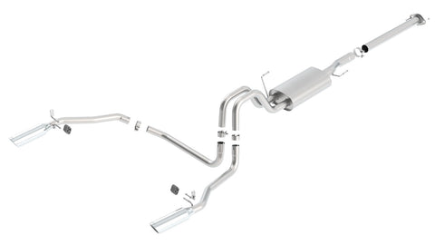 Borla ATAK Cat-Back Exhaust System, full system on a studio background: stainless cat-back exhaust laid out with a muffler, long pipes, clamps and two polished tips on a white background