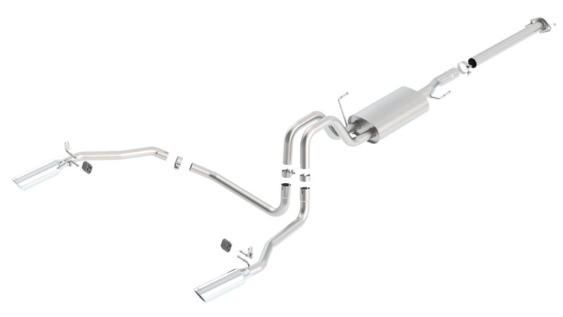 Borla ATAK Cat-Back Exhaust System, full system on a studio background: stainless cat-back exhaust laid out with a muffler, long pipes, clamps and two polished tips on a white background