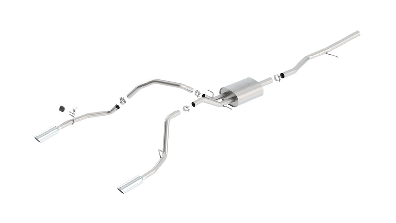 Borla ATAK Cat-Back Exhaust System, full system on a studio background: stainless cat-back exhaust laid out with a muffler, long pipes, clamps and two polished tips on a white background
