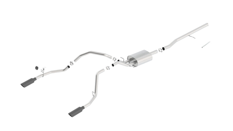 Borla ATAK Cat-Back Exhaust System, full system on a studio background: stainless cat-back exhaust laid out with a muffler, long pipes, clamps and two black chrome tips on a white background