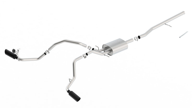 Borla ATAK Cat-Back Exhaust System, full system on a studio background: stainless cat-back exhaust laid out with a muffler, long pipes, clamps and two black chrome tips on a white background