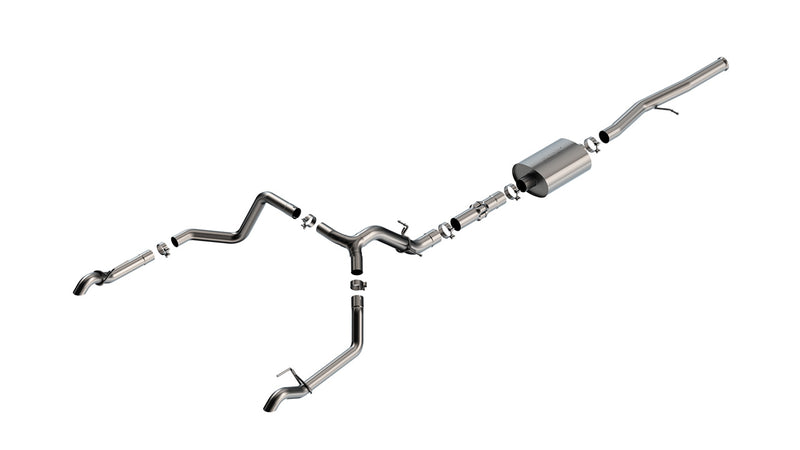 Borla ATAK Cat-Back Exhaust System, full system on a studio background: stainless cat-back exhaust on white with a single muffler and a split to dual rear exits with polished tips