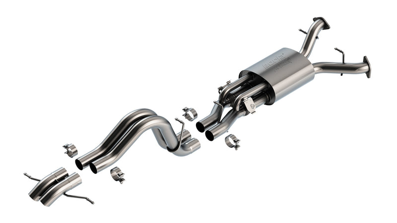 Borla ATAK Cat-Back Exhaust System, full system on a studio background: stainless cat-back exhaust with a muffler, mid pipes and dual exits with polished tips, laid out on white with clamps