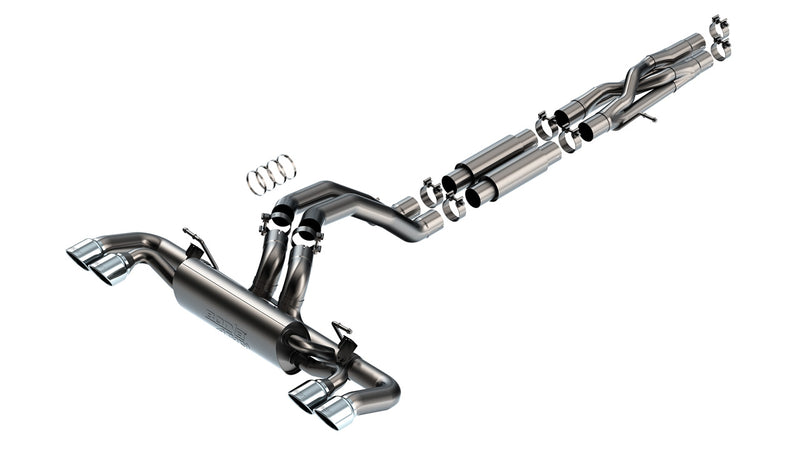 Borla ATAK Cat-Back Exhaust System, full system on a studio background: stainless cat-back exhaust with an X-section, mufflers and dual polished tips on each side, laid out on white with hangers