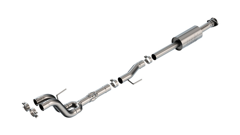 Borla ATAK Mid-Section Exhaust System, full system on a studio background: stainless mid-section exhaust with a single inline muffler that splits into dual outlet pipes, shown with clamps on white