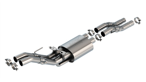 Borla ATAK Mid-Section Exhaust System, full system on a studio background: stainless mid-section exhaust with twin pipes into a single muffler and dual outlets, clamps included, on white