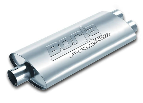 Borla ProXS Universal Muffler, whole part on a studio background: oval stainless ProXS universal muffler with Borla ProXS embossed on top, on white (representative image; this part's inlet and outlet layout is listed in the Specifications)