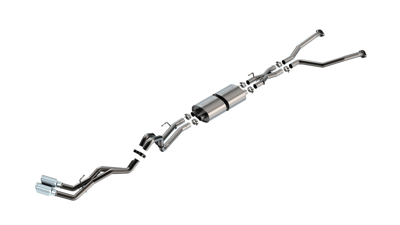 Borla S-Type Cat-Back Exhaust System, full system on a studio background: A stainless cat-back exhaust with dual inlets, one muffler and a pair of polished tips on a white background