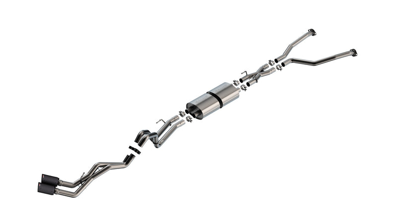 Borla S-Type Cat-Back Exhaust System, full system on a studio background: A stainless cat-back exhaust with dual inlets, one muffler and a pair of carbon fiber tips on a white background