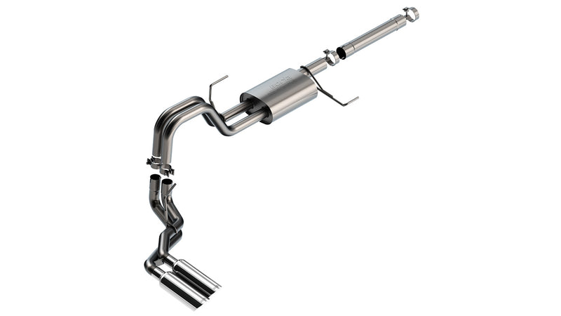 Borla S-Type Cat-Back Exhaust System, full system on a studio background: A stainless cat-back exhaust with one muffler ending in a pair of polished tips on one side, on a white background
