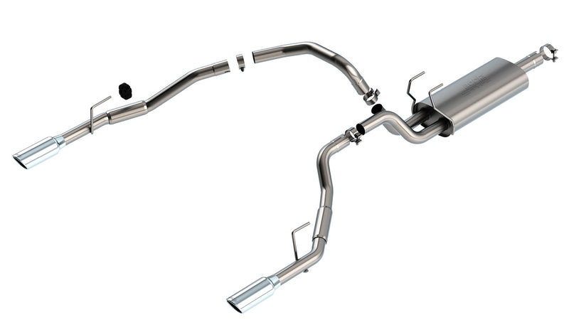 Borla S-Type Cat-Back Exhaust System, full system on a studio background: cat-back exhaust system laid out on a white background with one muffler and dual rear-exit polished tips