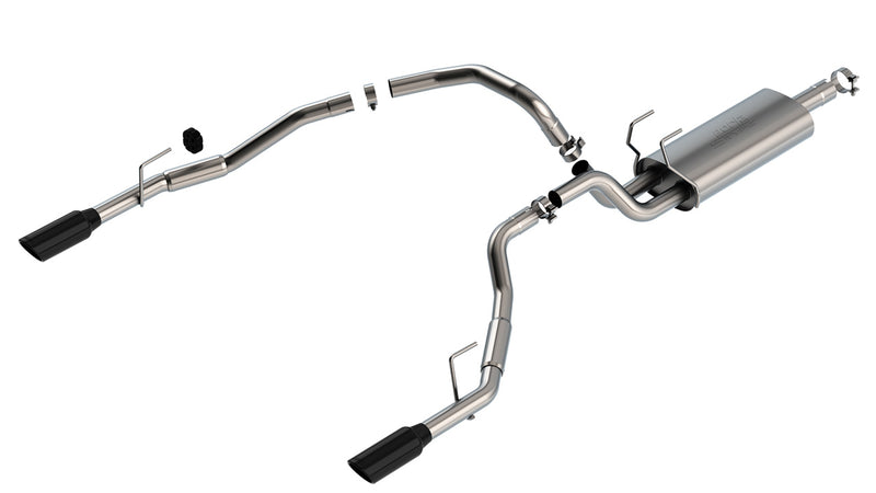 Borla S-Type Cat-Back Exhaust System, full system on a studio background: cat-back exhaust system laid out on a white background with one muffler and dual rear-exit black chrome tips