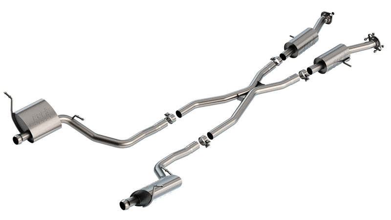 Borla S-Type Cat-Back Exhaust System, full system on a studio background: dual-exit stainless cat-back with an X-pipe, two front resonators and two rear mufflers with small polished tips on white