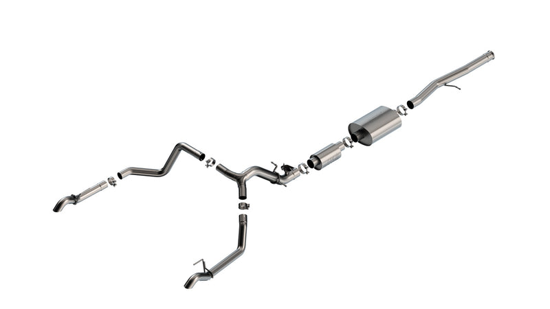 Borla S-Type Cat-Back Exhaust System, full system on a studio background: exploded stainless cat-back system with one muffler and split rear exits ending in plain stainless outlets, on white