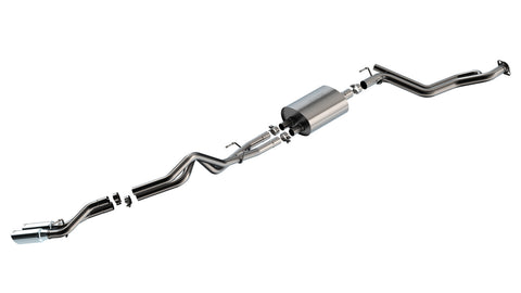 Borla S-Type Cat-Back Exhaust System, full system on a studio background: exploded stainless cat-back system with one muffler and polished tips exiting on one side, on white