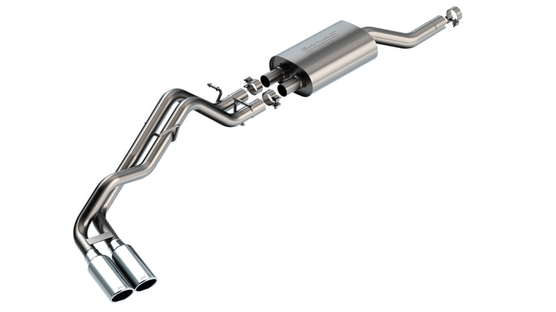 Borla S-Type Cat-Back Exhaust System, full system on a studio background: exploded stainless cat-back system with one muffler and dual polished tips on one side, on white