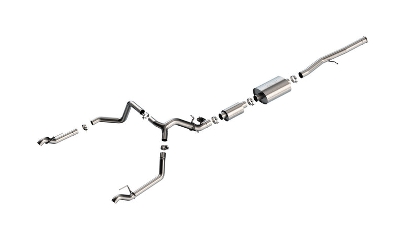 Borla S-Type Cat-Back Exhaust System, full system on a studio background: exploded stainless cat-back system with one muffler and split rear exits with polished tips, on white