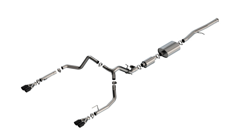 Borla S-Type Cat-Back Exhaust System, full system on a studio background: exploded stainless cat-back system with split rear exits ending in dual black chrome tips on each side, on white