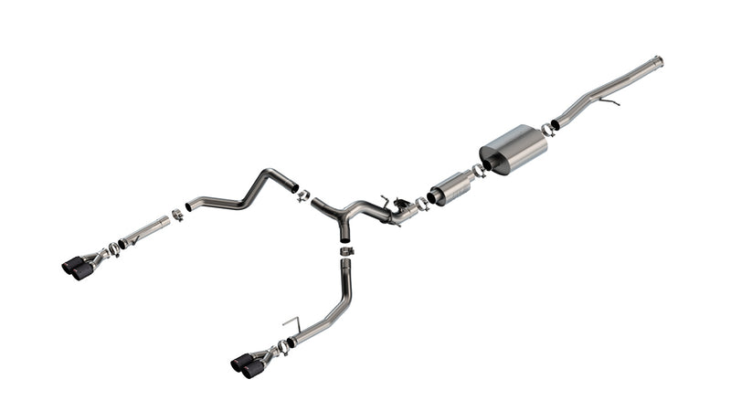 Borla S-Type Cat-Back Exhaust System, full system on a studio background: exploded stainless cat-back system with split rear exits ending in dual carbon fiber tips on each side, on white